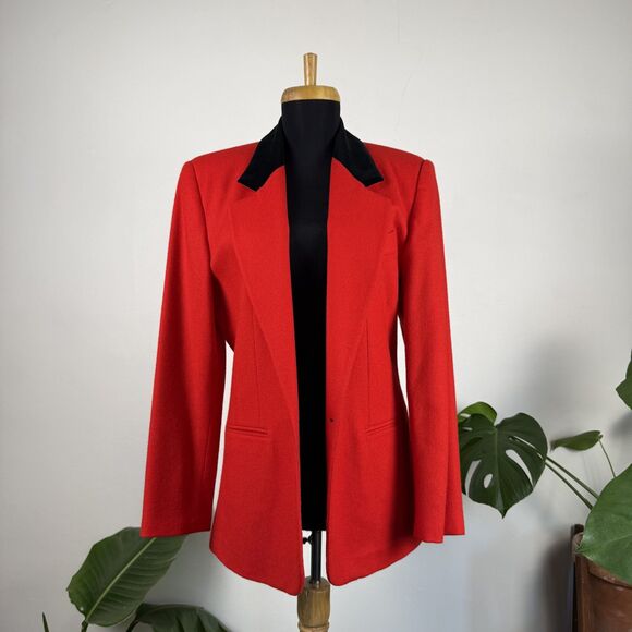 Vintage Red Wool Blazer with Black Velvet Collar, USA Made - Picture 1 of 10